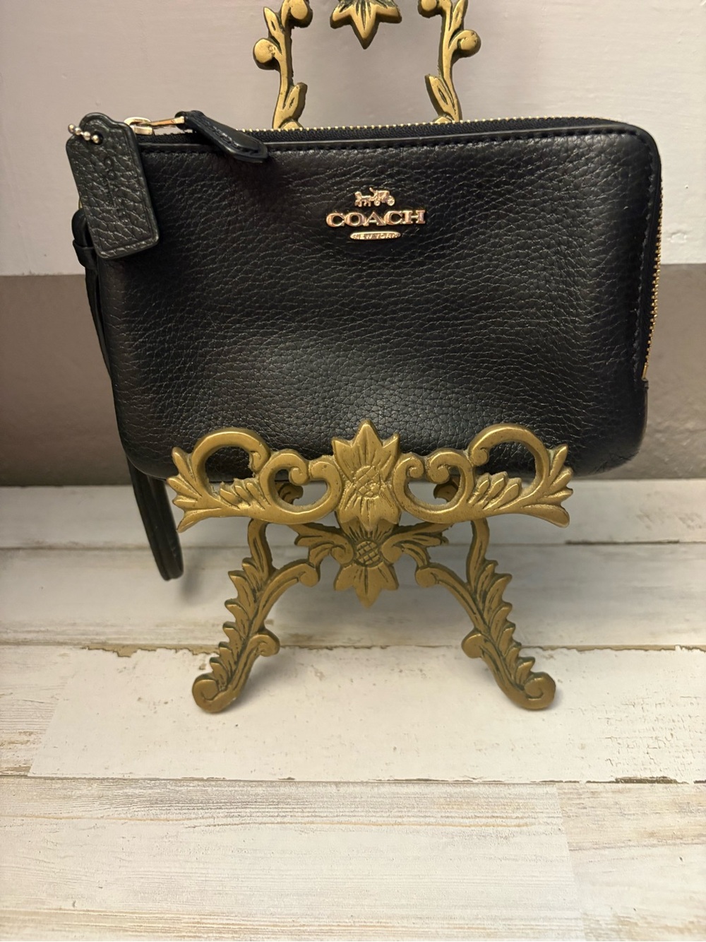 Coach Black Pebbled Leather Zip Card & Key Holder with Gold Hardware